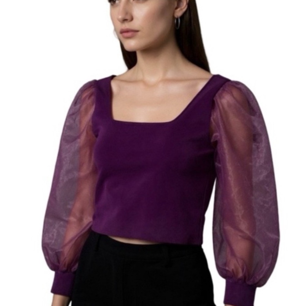 New House of Harlow 1960 Purple Chiffon Organza Puff Sleeve Cropped Top  Sz L‎